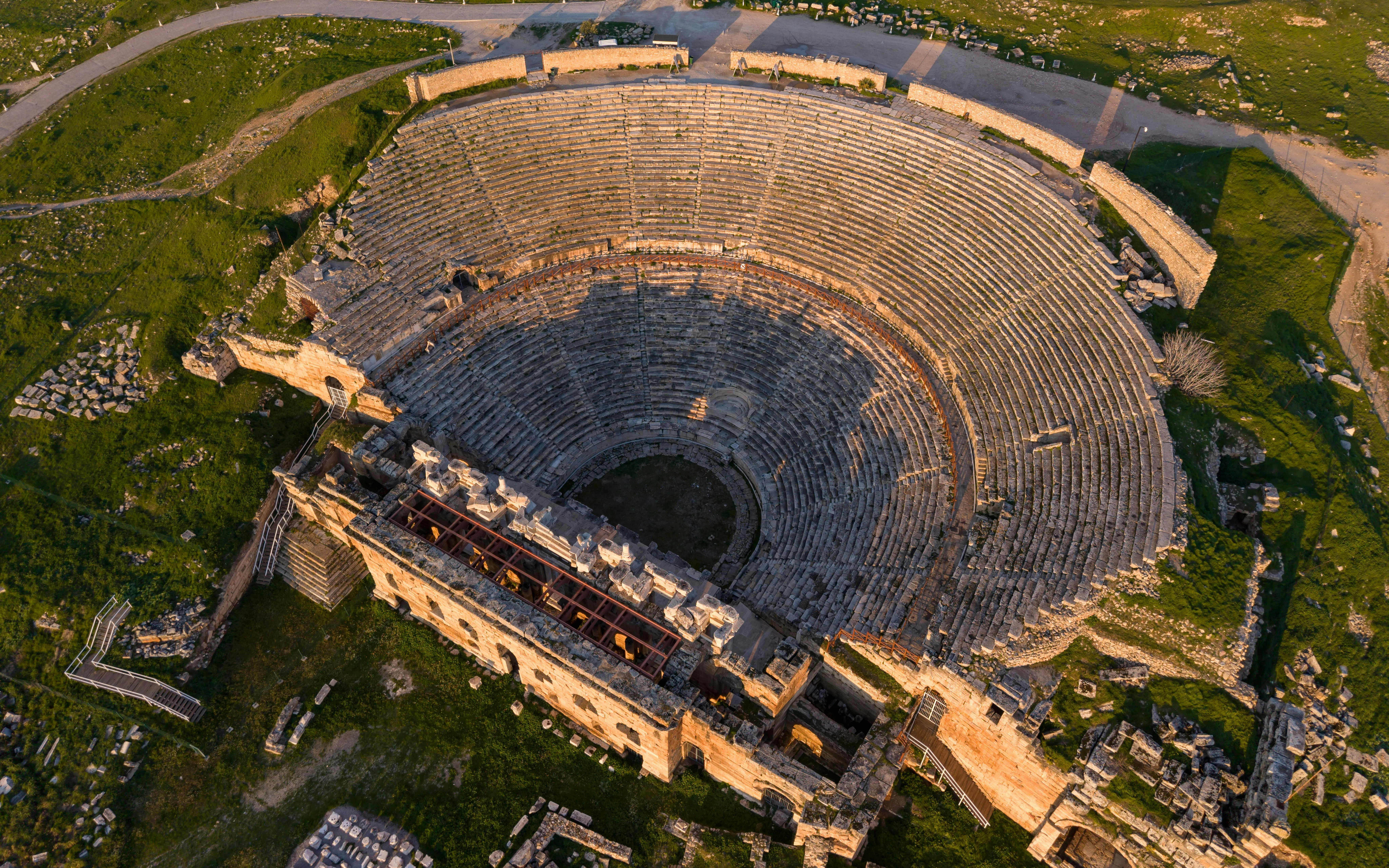 Aerial view of Hierapolis Roman theater ruins in Pamukkale, Denizli, Turkey.