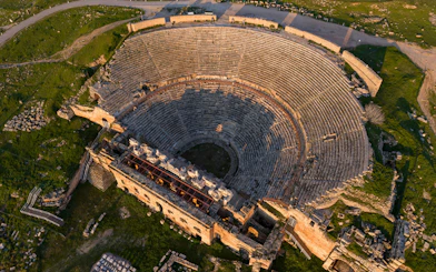Aerial view of Hierapolis Roman theater ruins in Pamukkale, Denizli, Turkey.