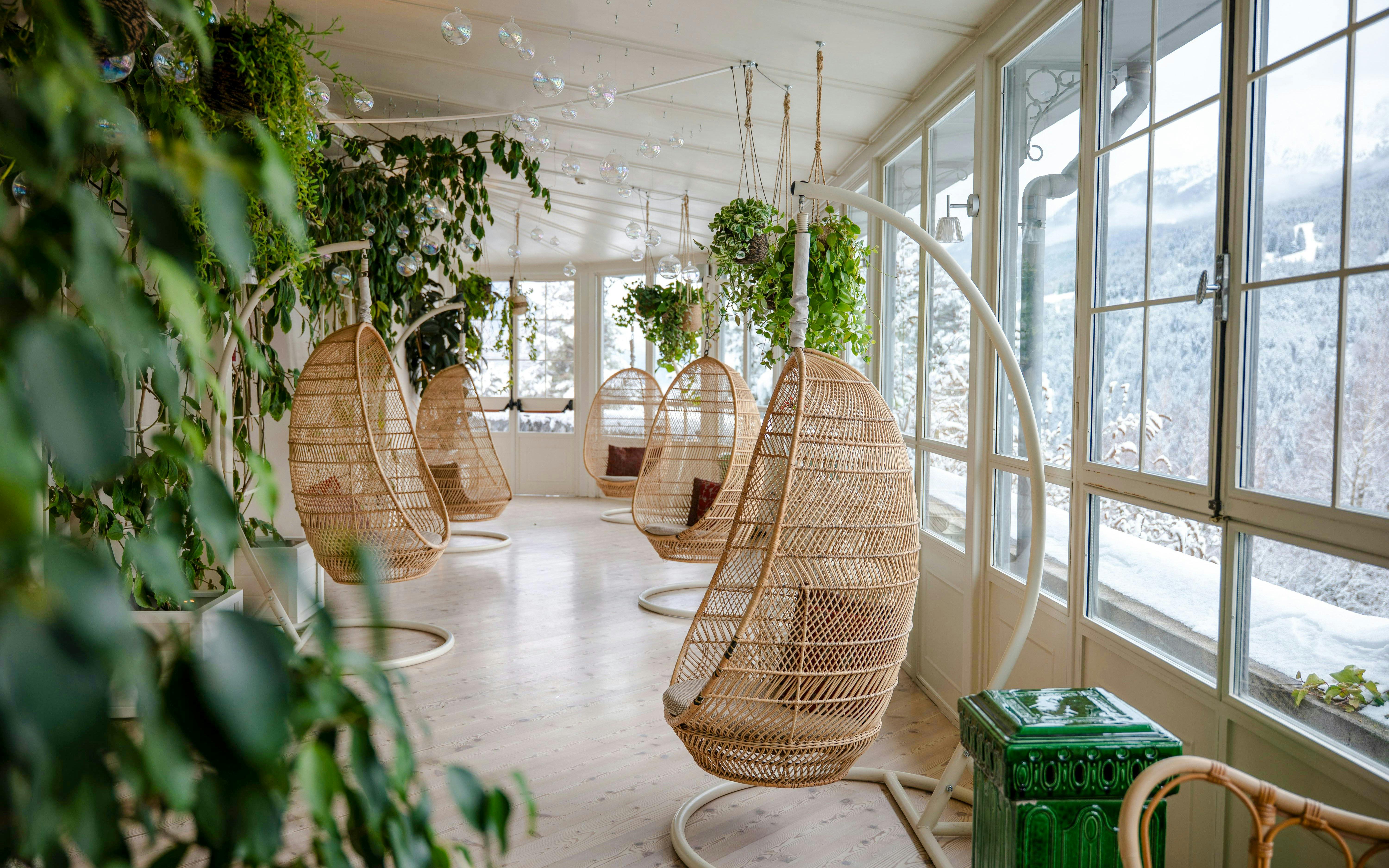 Hanging wicker chairs in a sunlit room with plants at QC Terme Bagni Nuovi di Bormio.