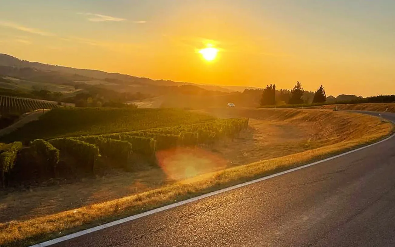 Sunset over Chianti vineyards during Vespa tour with Vernaccia wine tasting.