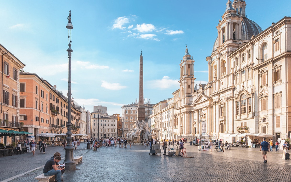 Piazza Navona with Fountain of the Four Rivers and Sant'Agnese in Agone, Rome.