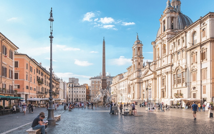 Piazza Navona with Fountain of the Four Rivers and Sant'Agnese in Agone, Rome.