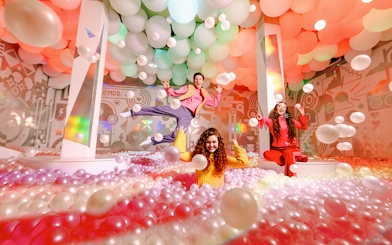 Guests enjoying colorful ball pit at WONDR Experience, Amsterdam.