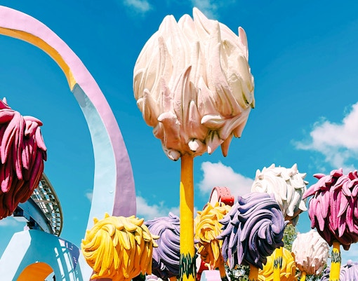 Colorful Seussian trees under a blue sky at a theme park.