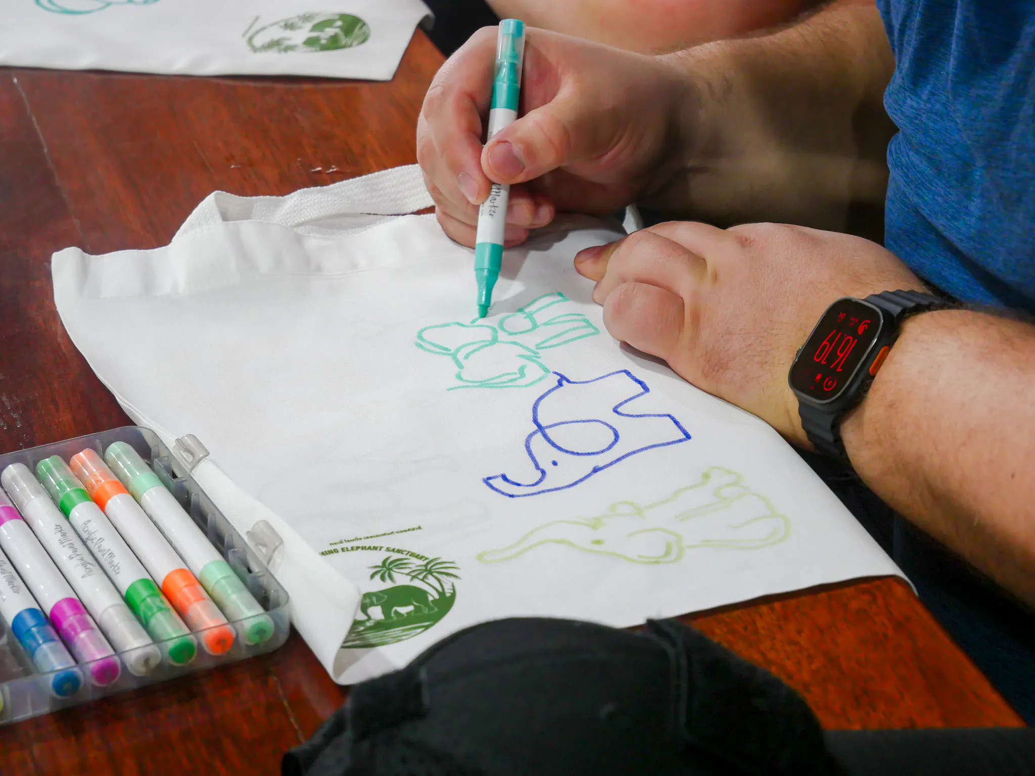 Drawing elephants on a tote bag at Krabi Roaming Elephant Sanctuary, Thailand.