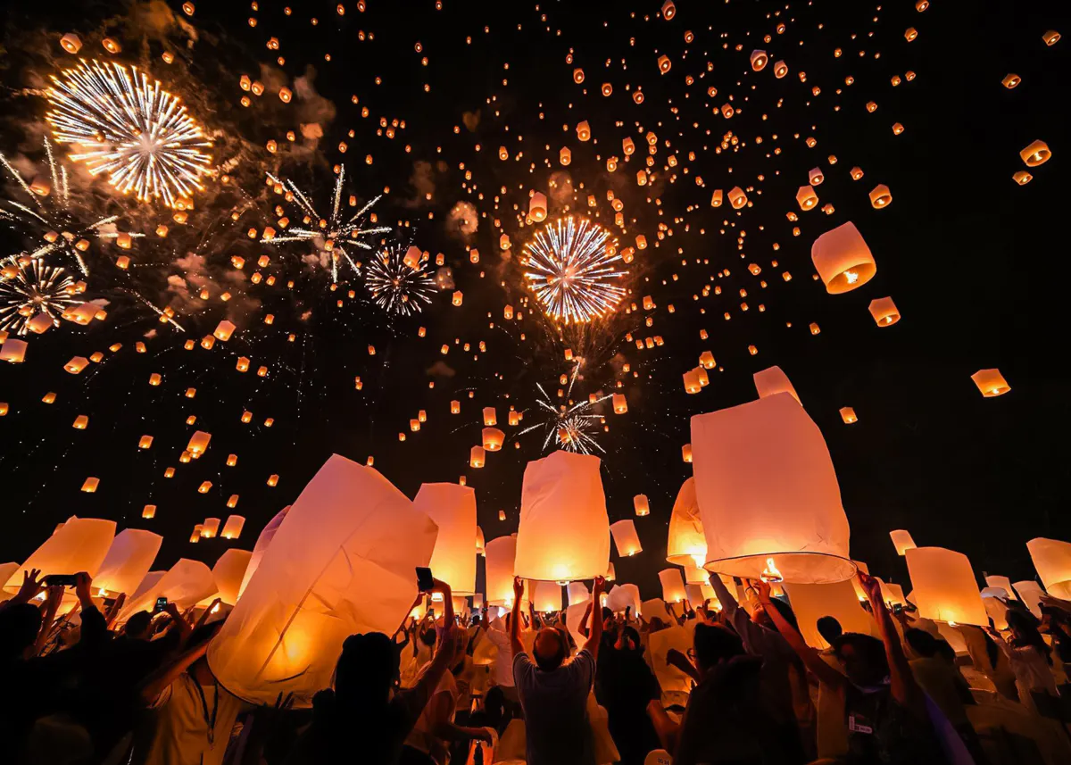 Lanterns and fireworks illuminate the night sky at Chiang Mai Sky Lantern Festival 2026.