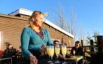 Server bringing drinks at an outdoor café with Andes Mountains view, Santiago.