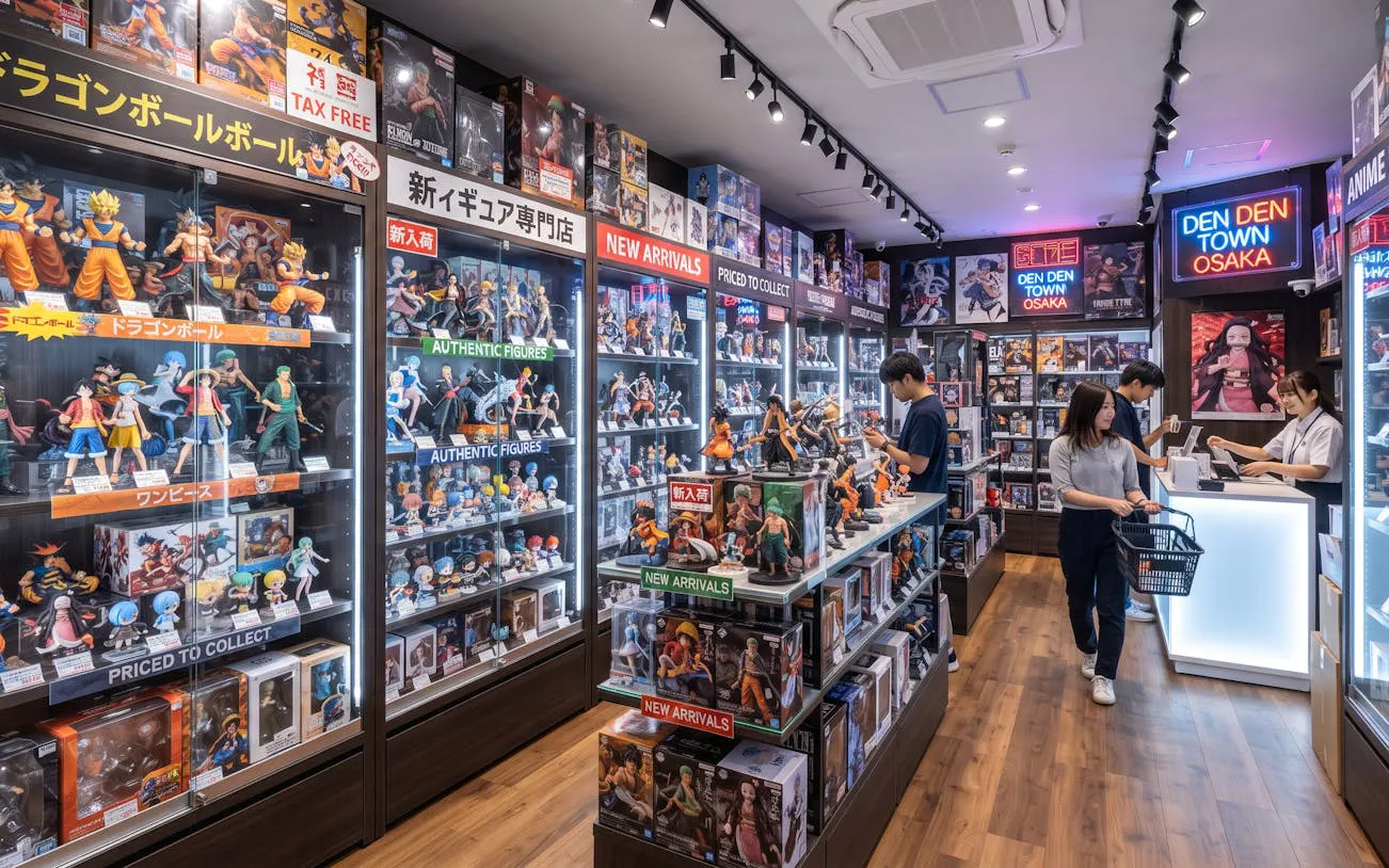 Anime figures and collectibles displayed in a Den Den Town Osaka shop during a guided walking tour.
