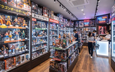 Anime figures and collectibles displayed in a Den Den Town Osaka shop during a guided walking tour.