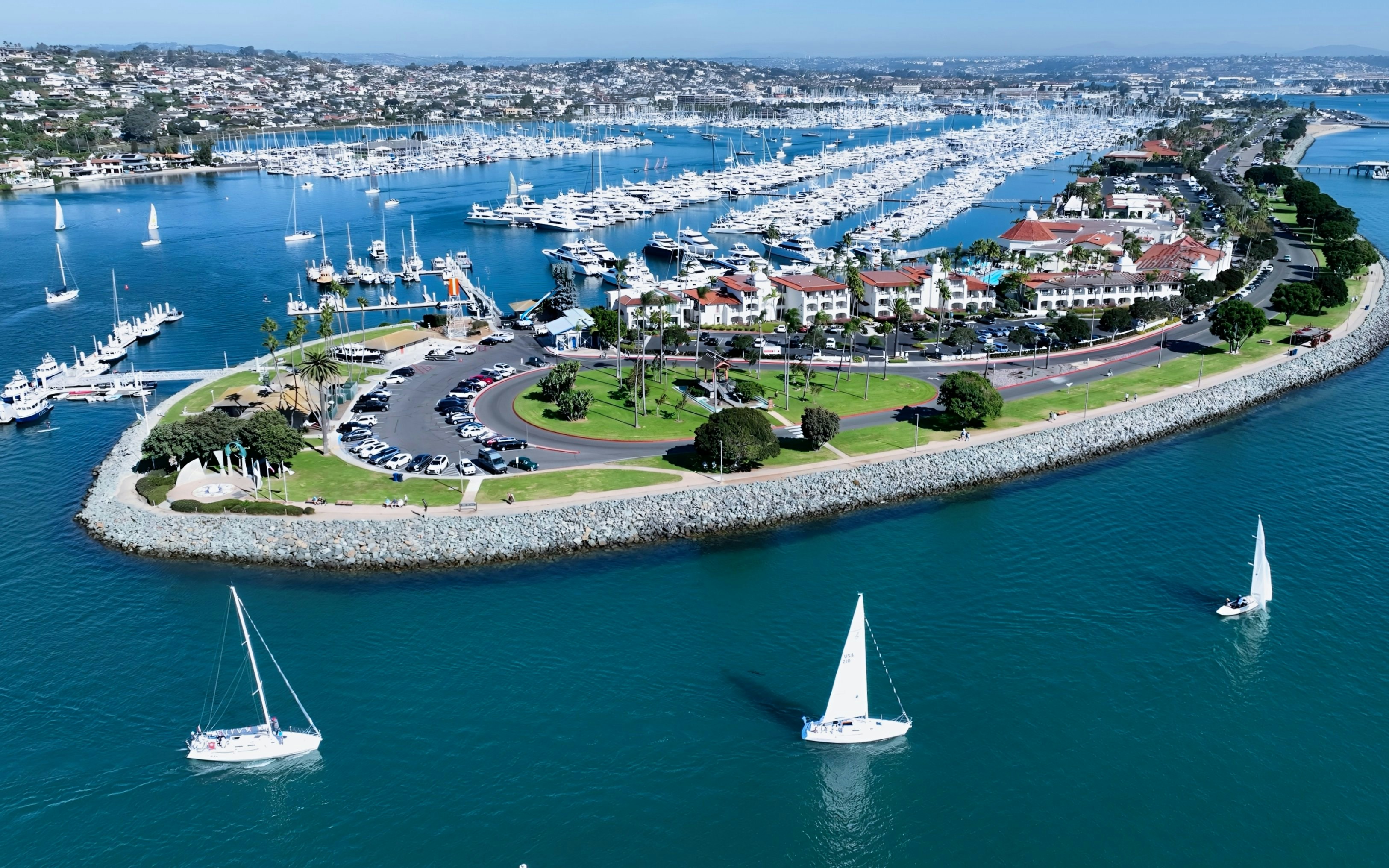 Shelter Island marina with sailboats and waterfront view in San Diego, California.