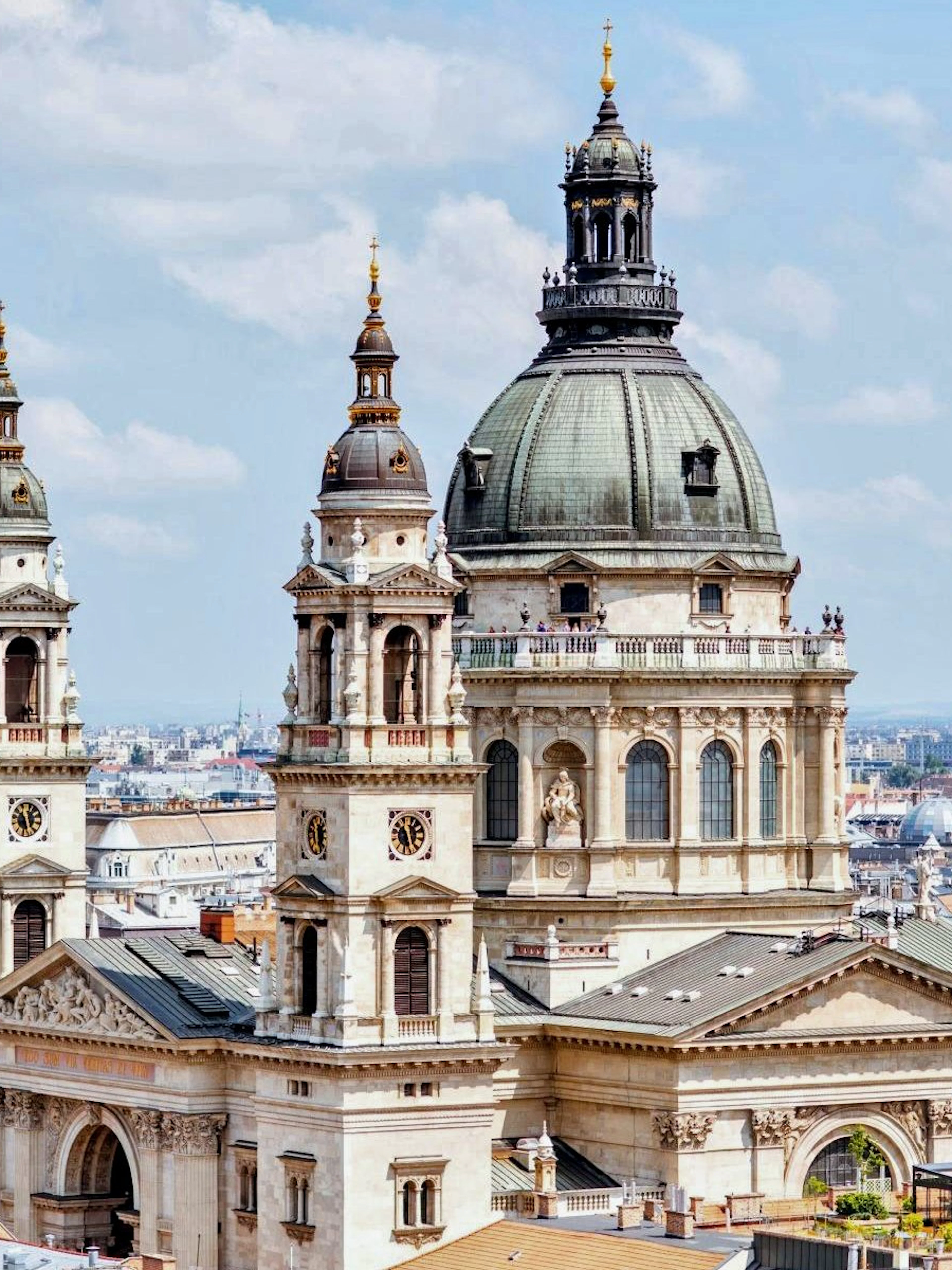 St. Stephen Basilica in Budapest with cityscape in the background.