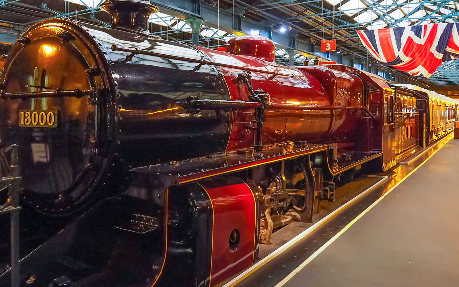 Steam locomotive display at the Railway Museum in York.