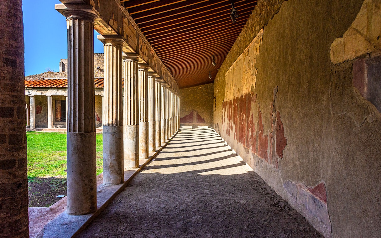 Ancient Roman columns and frescoes at Oplontis, Torre Annunziata.