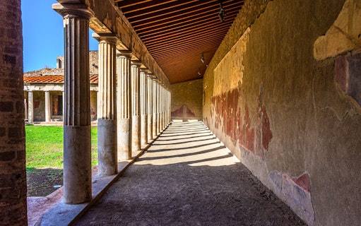 Ancient Roman columns and frescoes at Oplontis, Torre Annunziata.