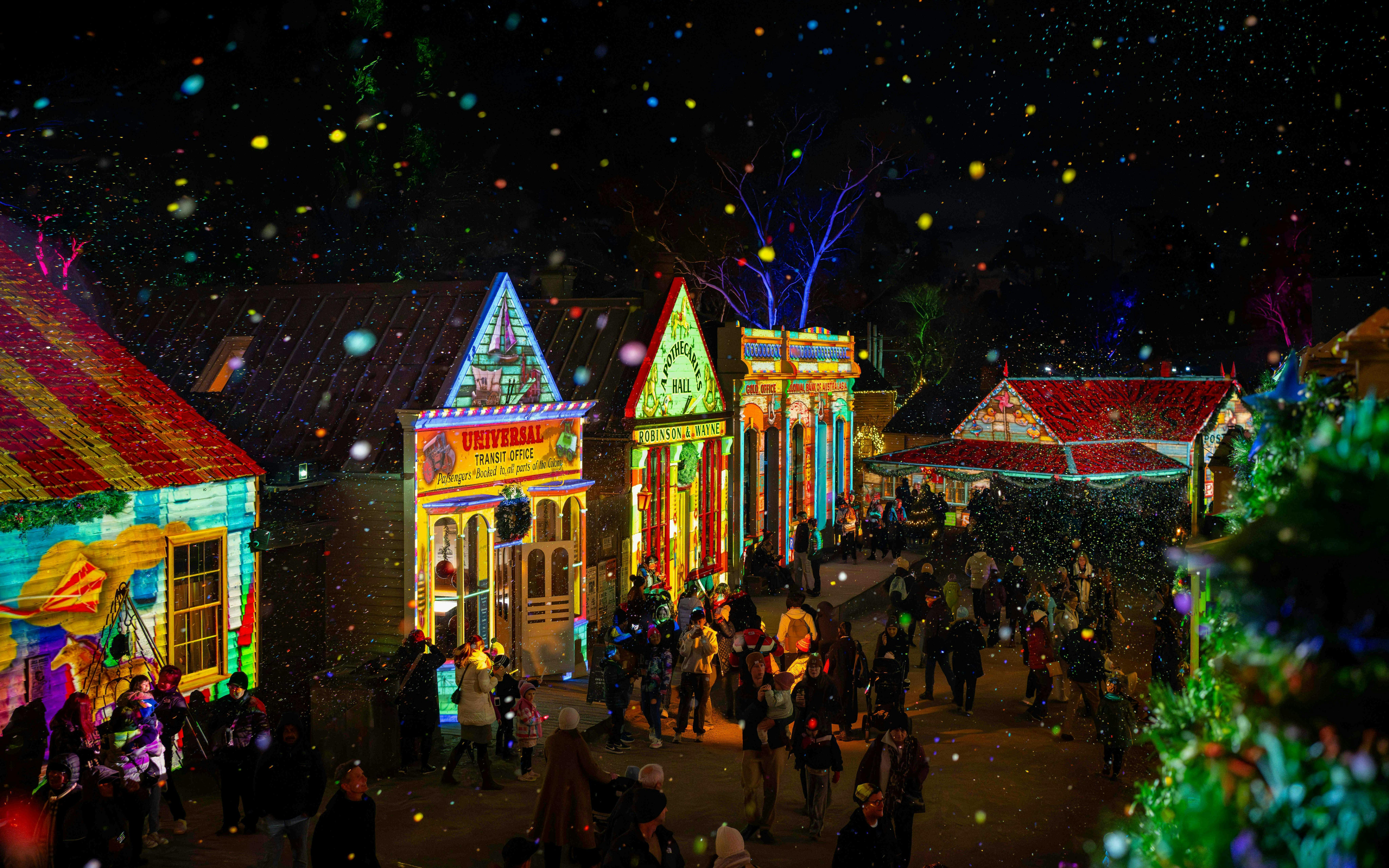 Sovereign Hill Winter Wonderlights festival with illuminated historic buildings and visitors.