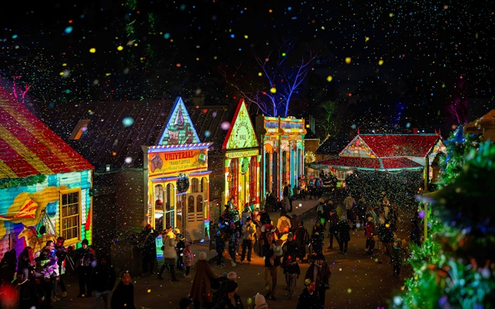 Sovereign Hill Winter Wonderlights festival with illuminated historic buildings and visitors.