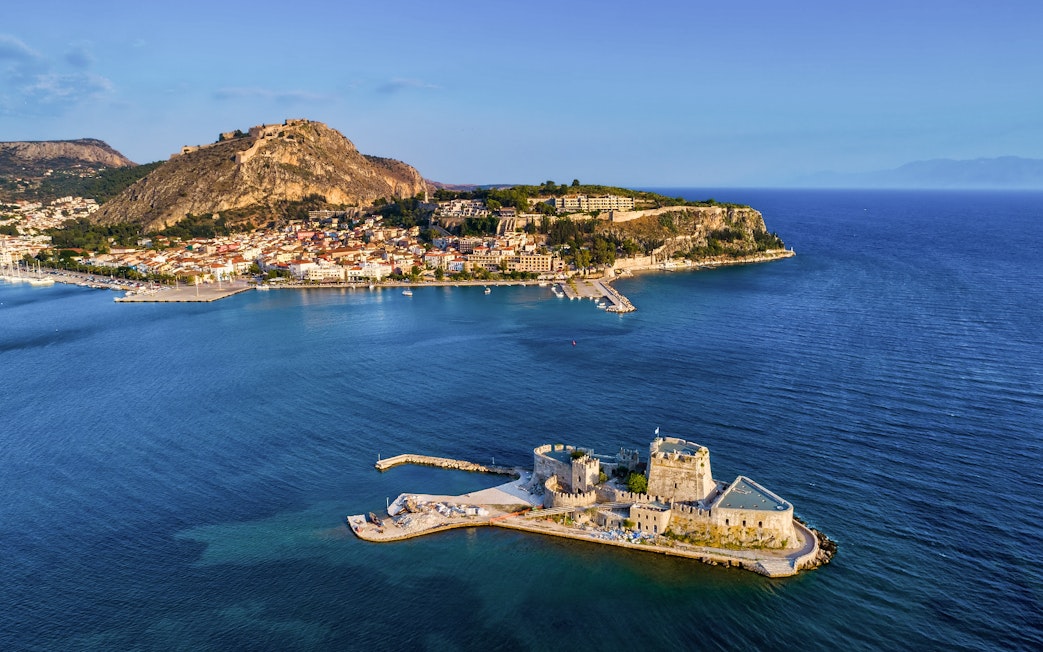 Aerial view of Nafplio with Bourtzi Castle in the foreground, Greece.