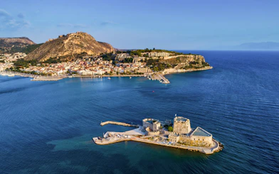 Aerial view of Nafplio with Bourtzi Castle in the foreground, Greece.
