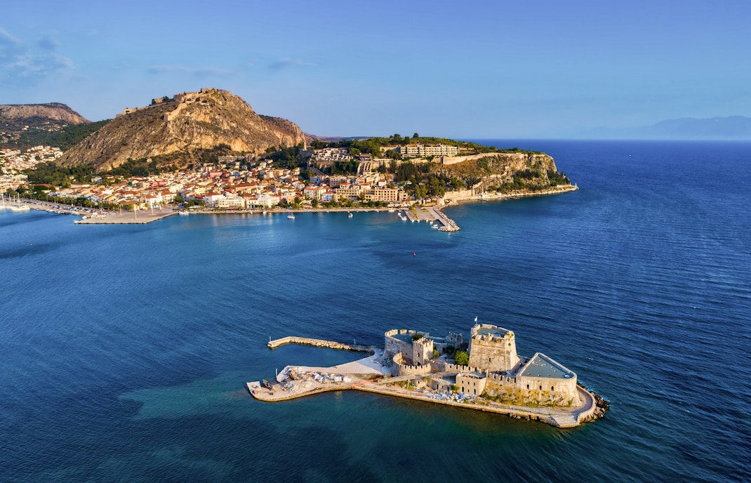 Aerial view of Nafplio with Bourtzi Castle in the foreground, Greece.