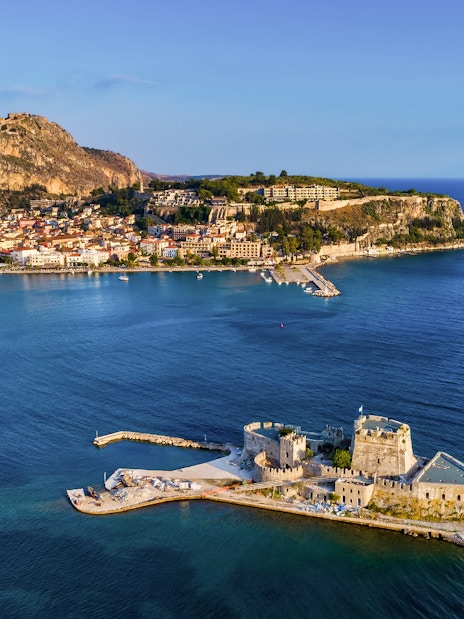 Aerial view of Nafplio with Bourtzi Castle in the foreground, Greece.