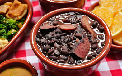 Brazilian feijoada with black beans and meats in Rio de Janeiro.