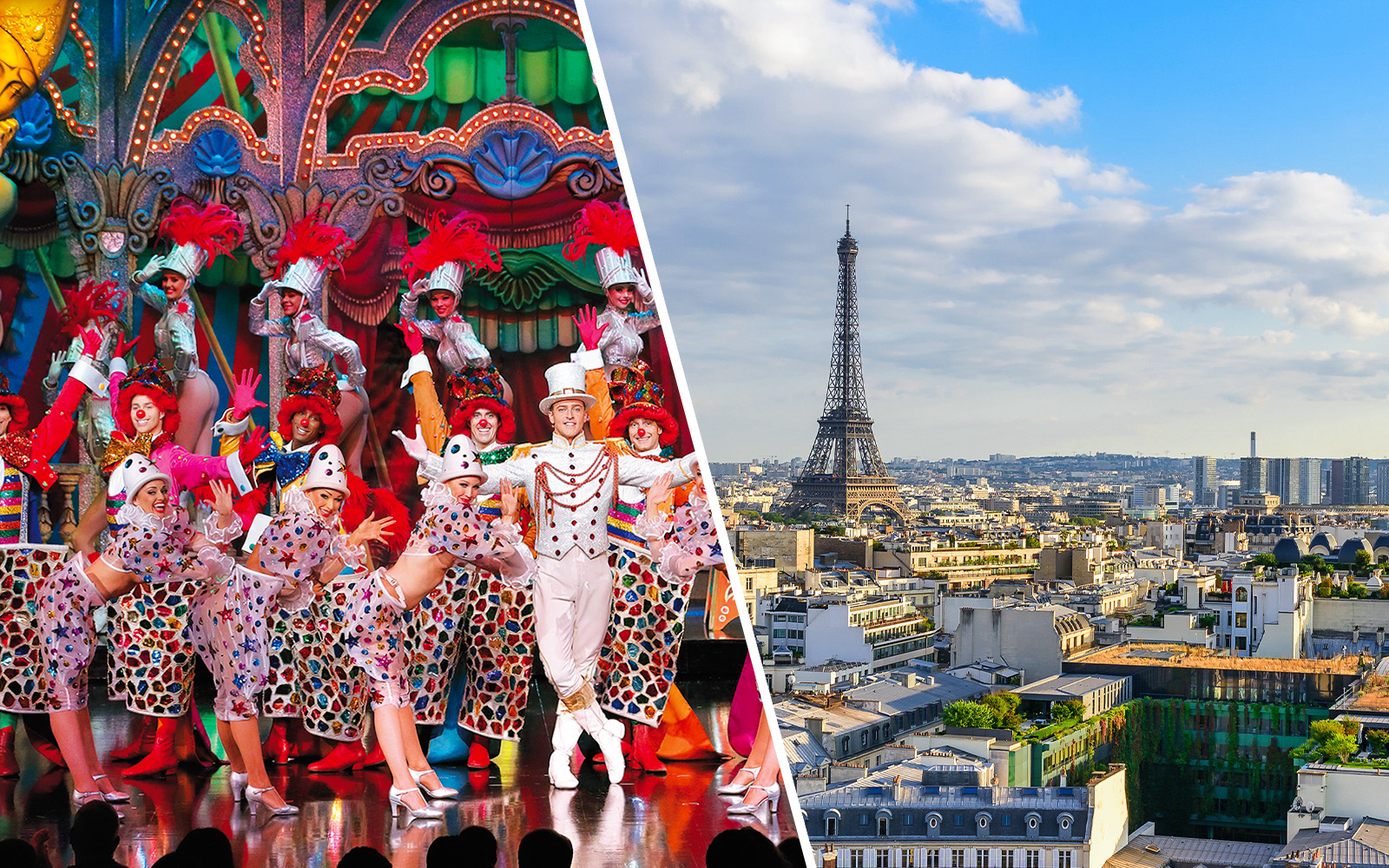 Artisti del Moulin Rouge in costumi vivaci e vista della Torre Eiffel durante il tour della città di Parigi.