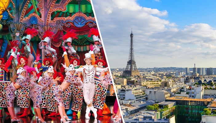 Moulin Rouge performers in vibrant costumes and view of Eiffel Tower in Paris city tour.