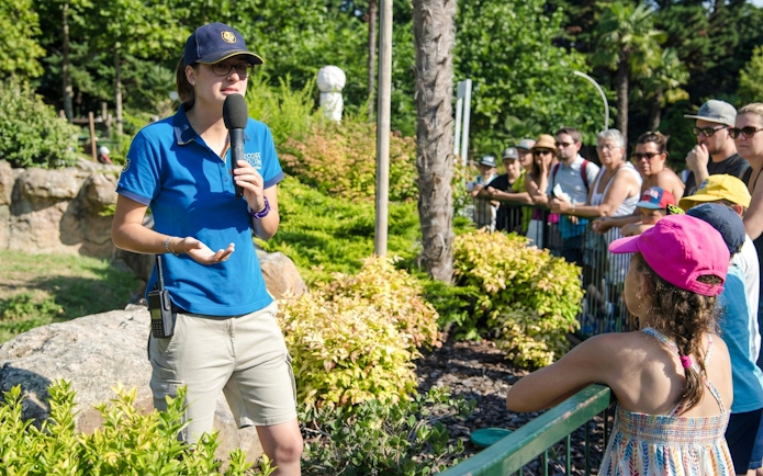 Presenter speaking to visitors at Zooparc de Beauval, Loire Valley, France.