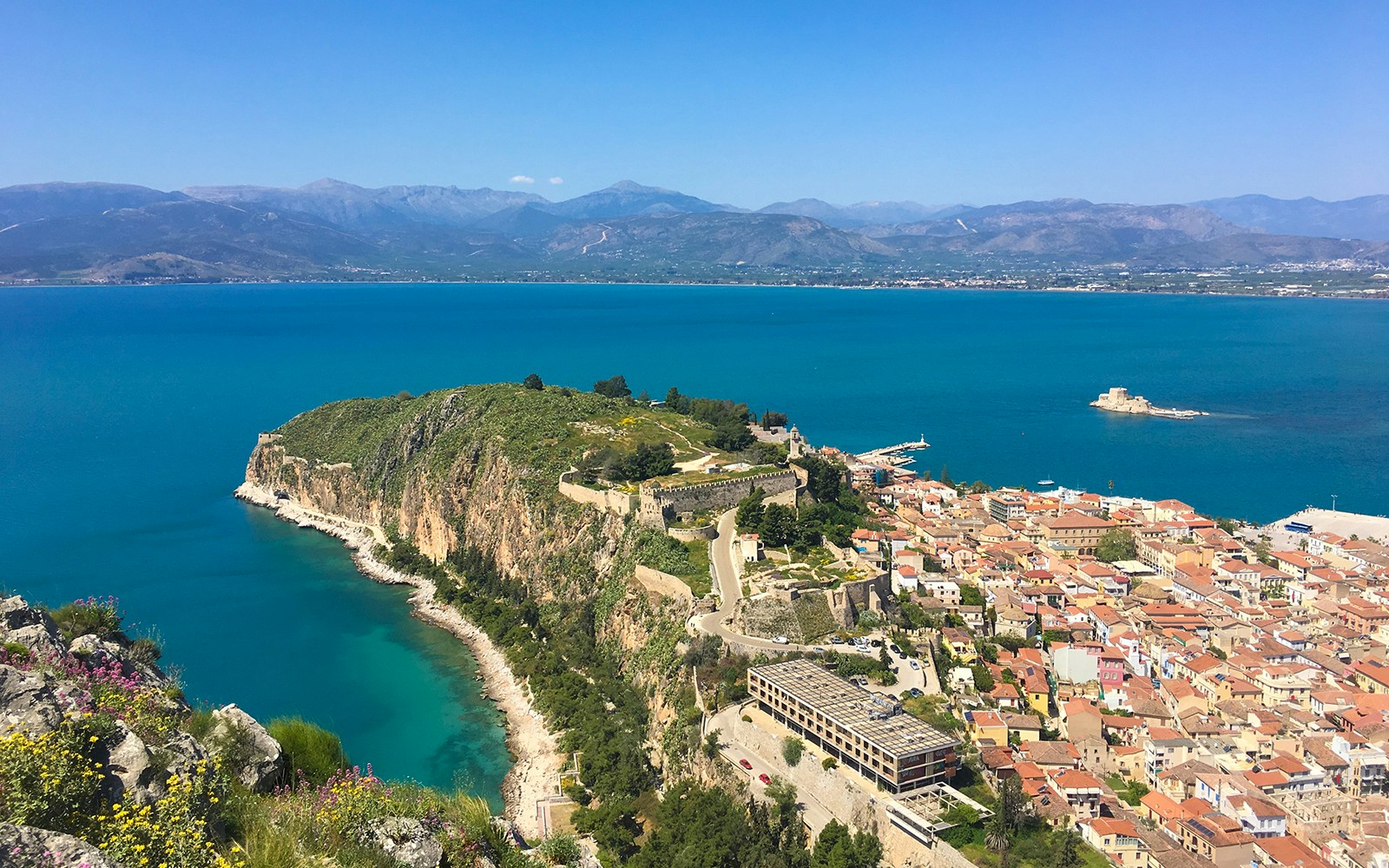 Nafplio coastal view with historic fortress and town, part of Nafplio-Mycenae-Epidaurus Day Tour.