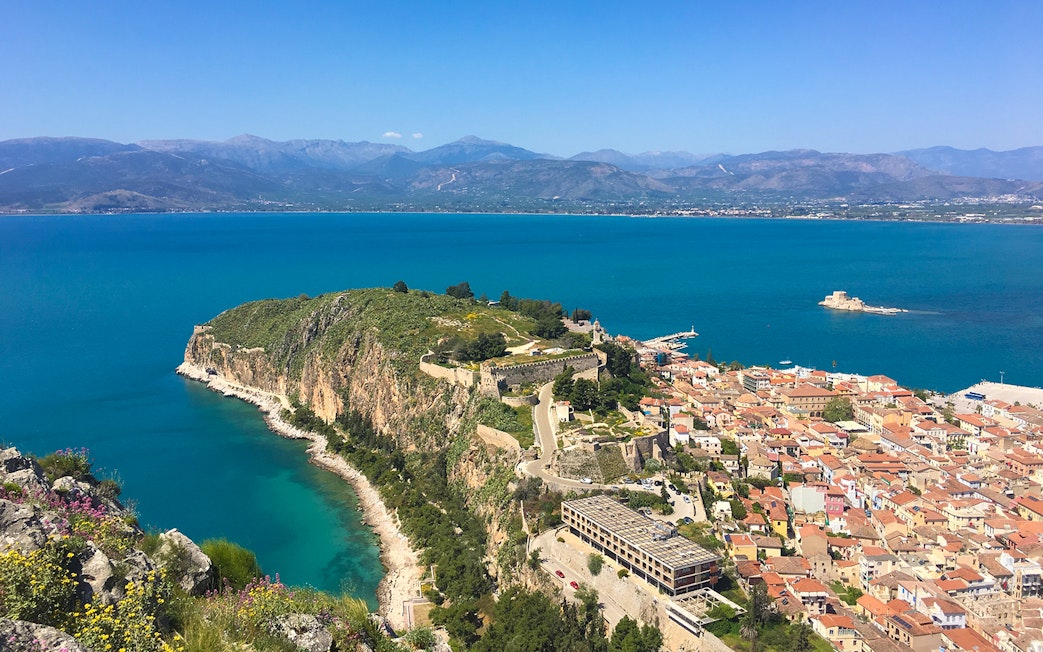 Nafplio coastal view with historic fortress and town, part of Nafplio-Mycenae-Epidaurus Day Tour.