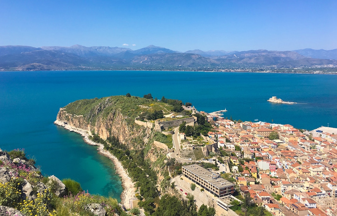 Nafplio coastal view with historic fortress and town, part of Nafplio-Mycenae-Epidaurus Day Tour.