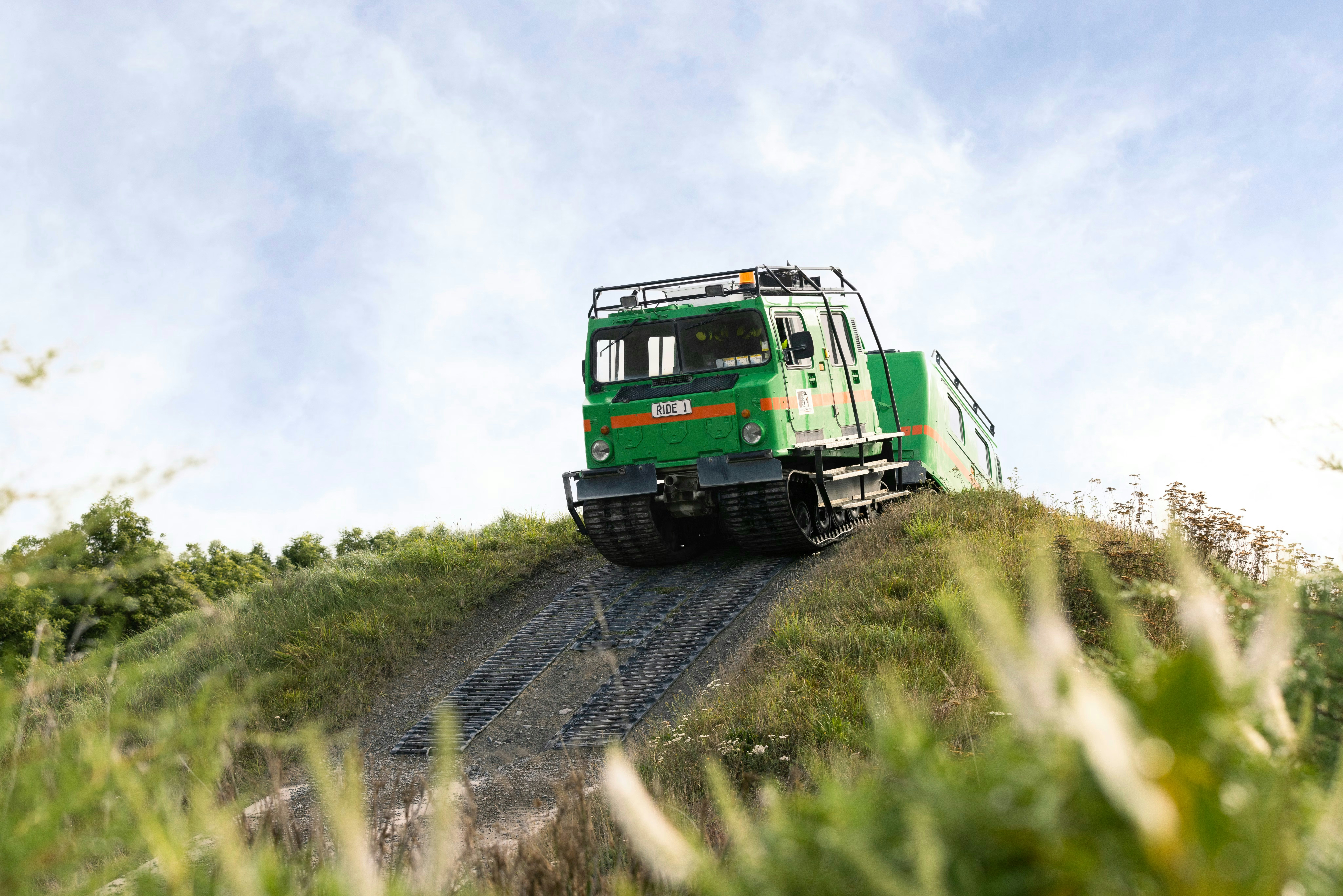 Hägglunds vehicle on a hill at the International Antarctic Centre, Christchurch, New Zealand.