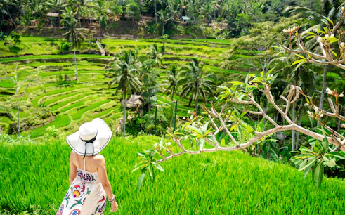 Woman overlooking Tegallalang Rice Terraces in Ubud, Bali.