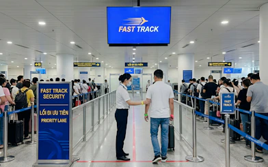 Fast track security line at Cam Ranh International Airport, Nha Trang.