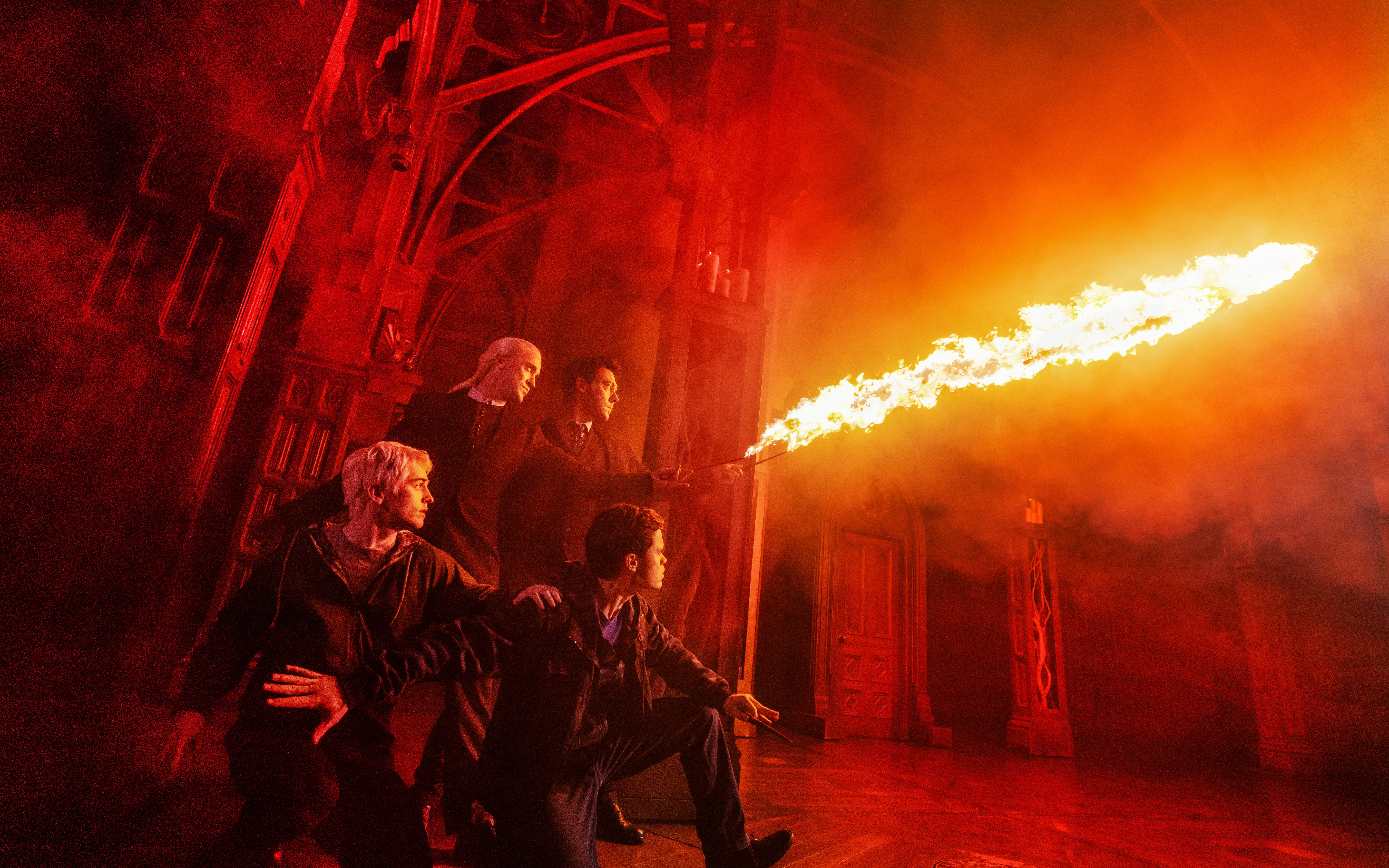 Stage scene from Harry Potter and the Cursed Child on Broadway with characters casting a spell.