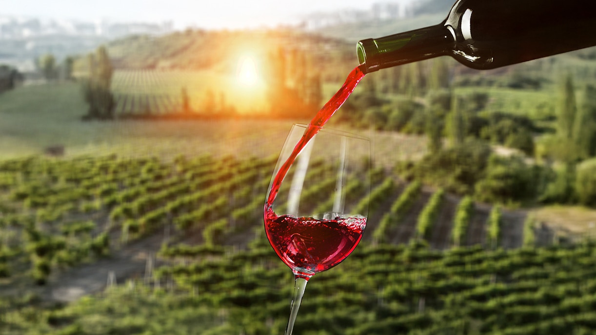 Pouring wine into a glass with Yarra Valley vineyard in the background, Australia.