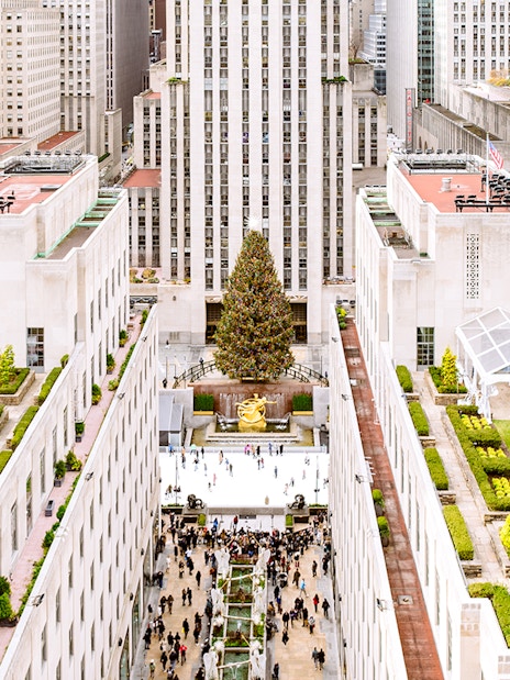 Rockefeller Center with holiday tree and ice rink, New York City.
