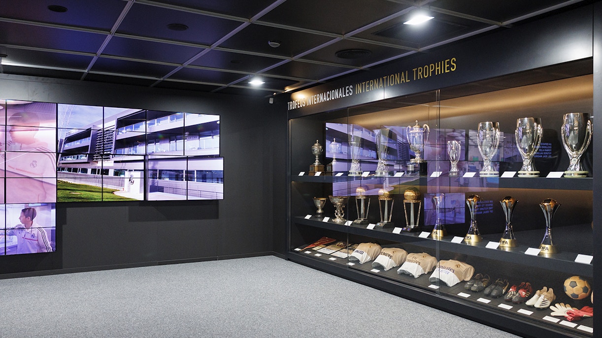 Santiago Bernabeu Stadium interior view with seating and field in Madrid, Spain.