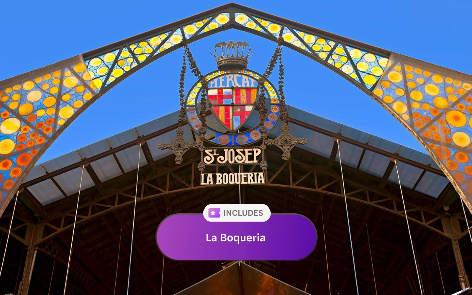Entrance sign of La Boqueria market in Barcelona, Spain.