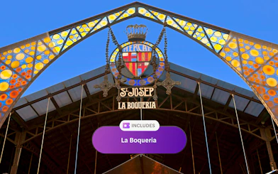 Entrance sign of La Boqueria market in Barcelona, Spain.