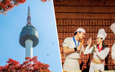 N Seoul Tower with red autumn leaves and birds in the sky.