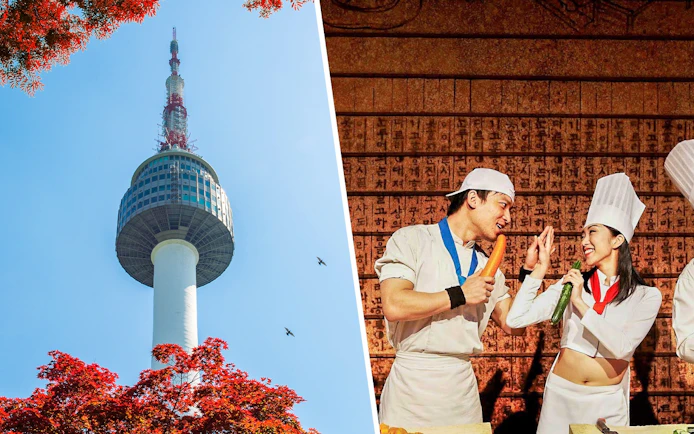 N Seoul Tower with red autumn leaves and birds in the sky.