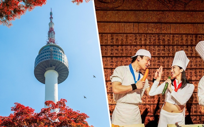 N Seoul Tower with red autumn leaves and birds in the sky.