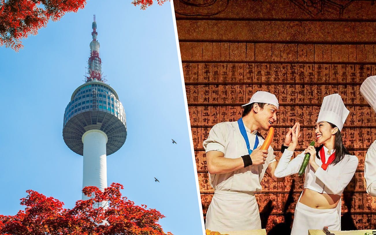 N Seoul Tower with red autumn leaves and birds in the sky.