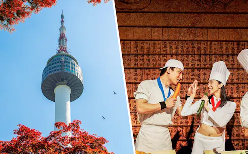 N Seoul Tower with red autumn leaves and birds in the sky.