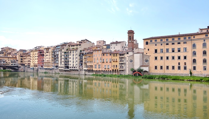 View of the Oltrarno District in Florence with historic buildings and narrow streets.
