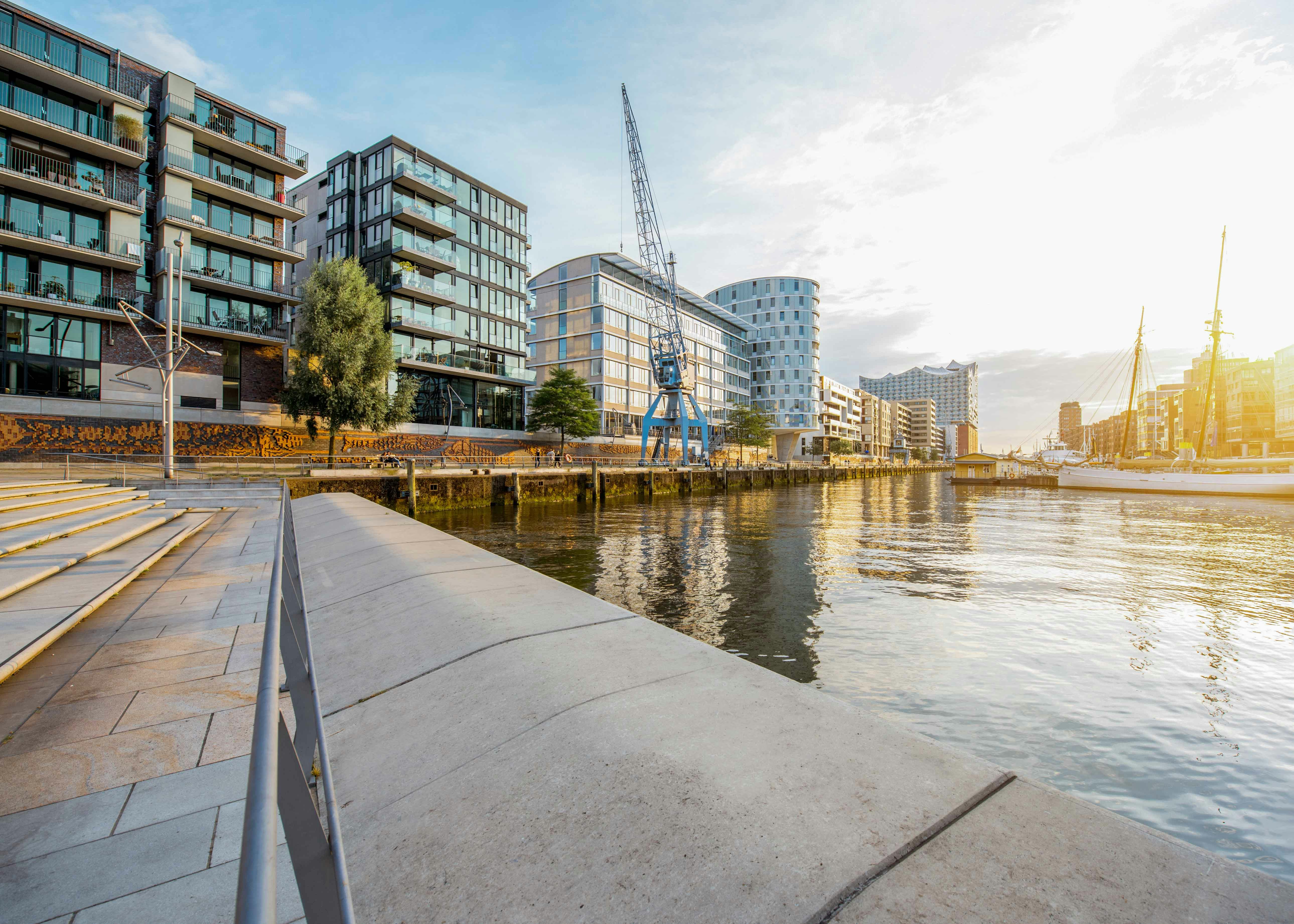 HafenCity Hamburg modern architecture with Elbphilharmonie concert hall in background.