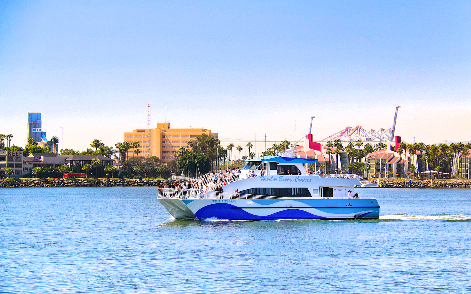 Whale watching boat on Los Angeles harbor with city skyline in background.