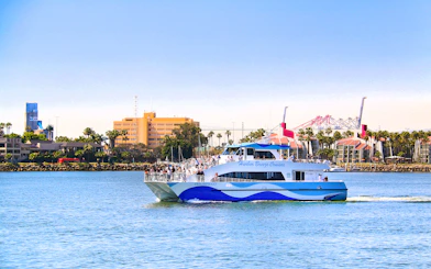 Whale watching boat on Los Angeles harbor with city skyline in background.
