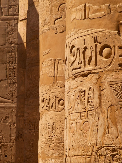 Intricate hieroglyphs on temple columns in Egypt.